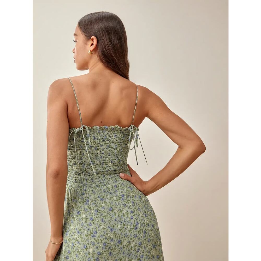 New Reformation Sable Smocked Dress Green Blue Floral Tie Strap Sleeveless Sz L - Picture 2 of 12